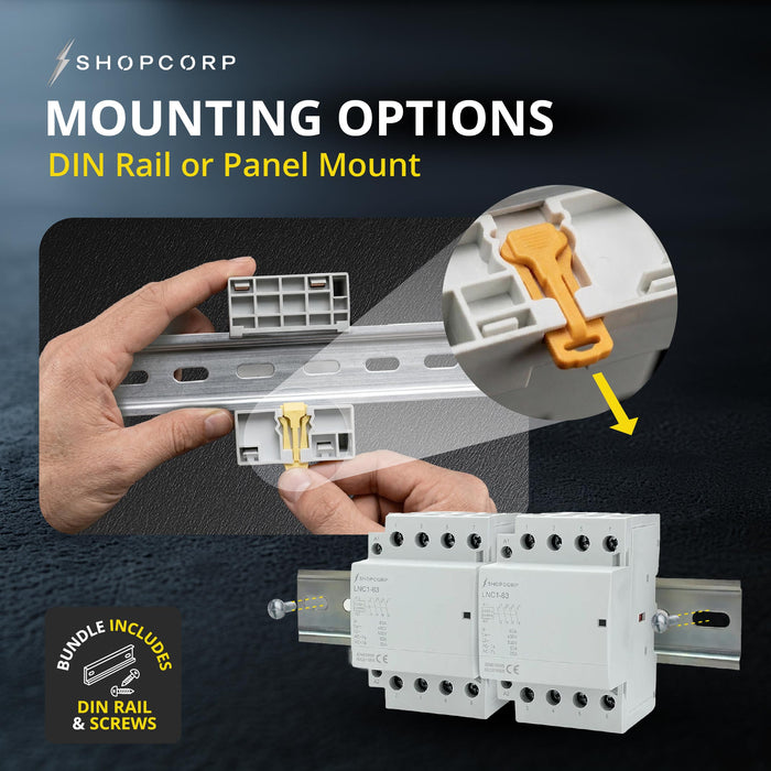 Shopcorp 63A 8 Pole (4x2) NO Contactor - 110/120VAC Coil, DIN Rail and Screws for HVAC, AC, Motor and Lighting - Mounting