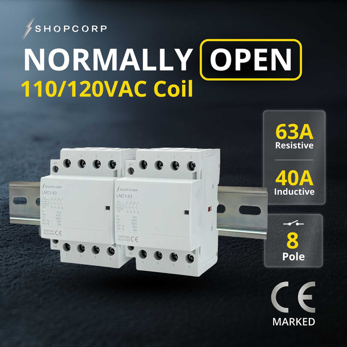 Shopcorp 63A 8 Pole (4x2) NO Contactor - 110/120VAC Coil, DIN Rail and Screws for HVAC, AC, Motor and Lighting NO