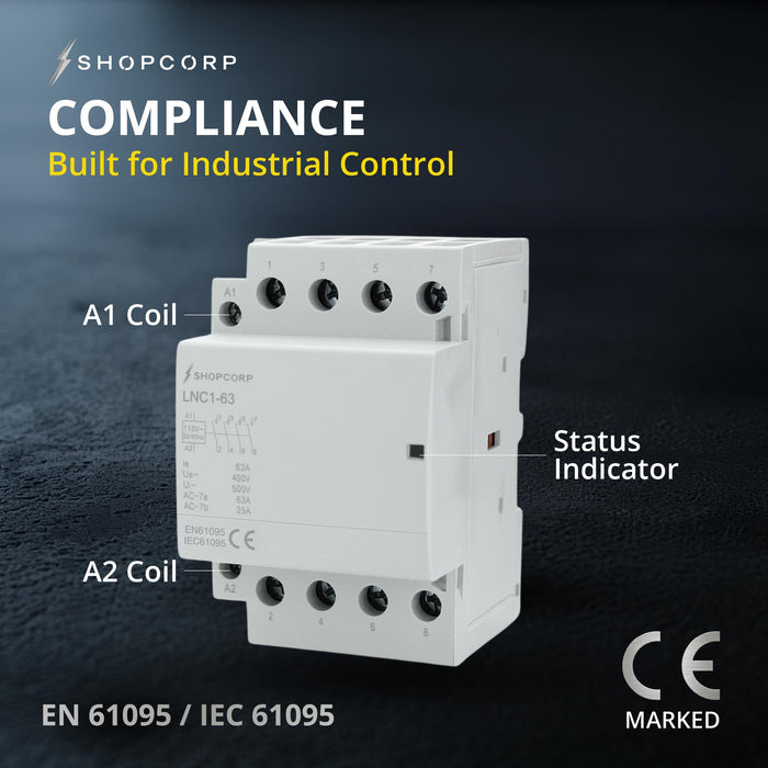 Shopcorp 60A 4 Pole NO Contactor - IEC 400V - 110/120VAC Coil  for HVAC, Motor & Lighting - Compliance