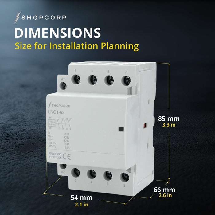 Shopcorp 60A 4 Pole NO Contactor - IEC 400V - 110/120VAC Coil  for HVAC, Motor & Lighting - Dimensions