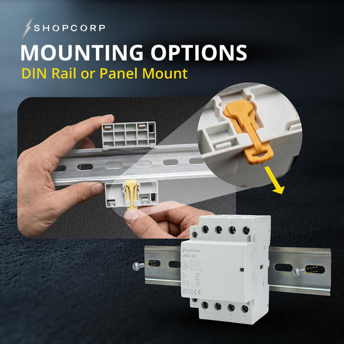 Shopcorp 60A 4 Pole NO Contactor - IEC 400V - 110/120VAC Coil  for HVAC, Motor & Lighting - Mounting