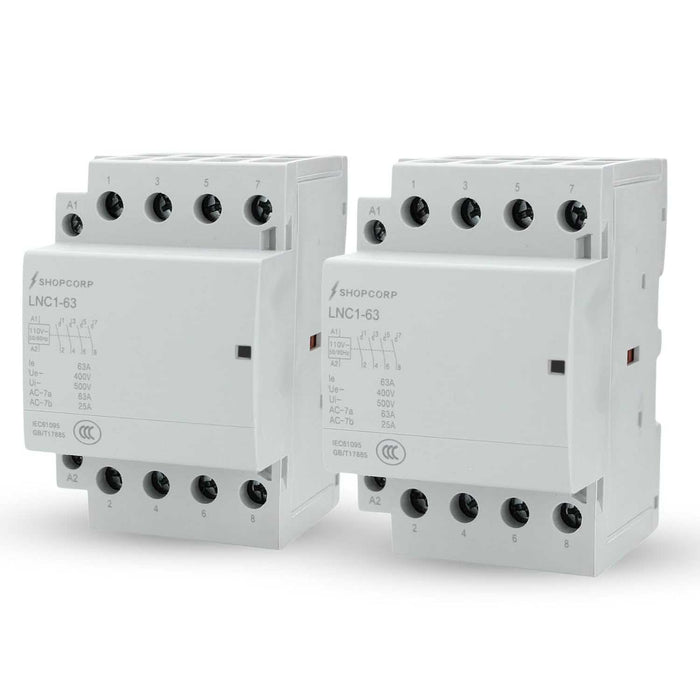 Shopcorp 63A 4 Pole NO IEC 400V Contactor - 110/120VAC Coil for HVAC, AC, Motor Load, and Lighting - 2 Pack