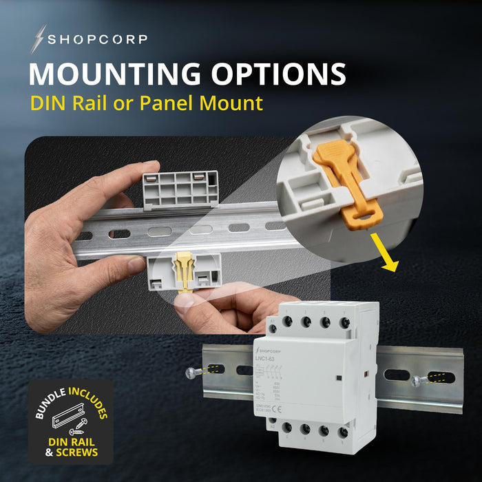 Shopcorp 63 Amp 4 Pole Normally Open Contactor - IEC 400V - 110/120VAC Coil for HVAC Systems, AC, Motor Load, & Lighting - Mounting
