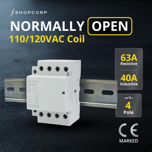 Shopcorp 63 Amp 4 Pole Normally Open Contactor - IEC 400V - 110/120VAC Coil for HVAC Systems, AC, Motor Load, & Lighting - NO