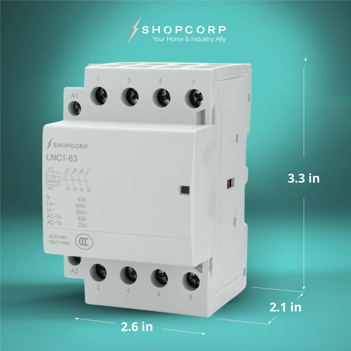 Shopcorp 63 Amp 4 Pole 2NO / 2NC 400V Contactor - 110/120VAC for HVAC, AC, Motor Load and Lighting