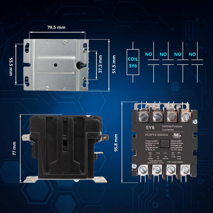 5y6 40A 4 Pole 600V Definite Purpose, NO Contactor - 110/120VAC Coil for HVAC and Lighting - UL Certified