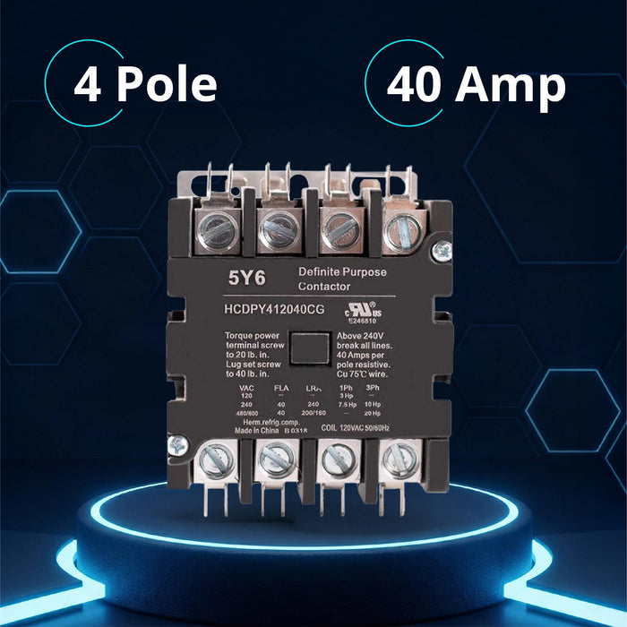 5y6 40A 4 Pole 600V Definite Purpose, NO Contactor - 110/120VAC Coil for HVAC and Lighting - UL Certified