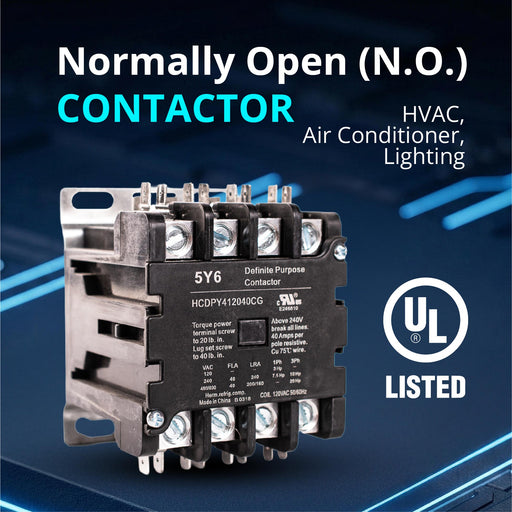 5y6 40A 4 Pole 600V Definite Purpose, NO Contactor - 110/120VAC Coil for HVAC and Lighting - UL Certified