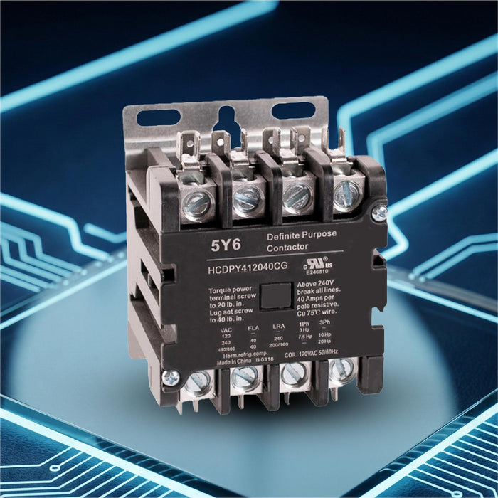 5y6 40A 4 Pole 600V Definite Purpose, NO Contactor - 110/120VAC Coil for HVAC and Lighting - UL Certified