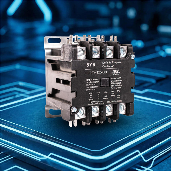 5y6 40A 4 Pole 600V Definite Purpose, NO Contactor - 110/120VAC Coil for HVAC and Lighting - UL Certified