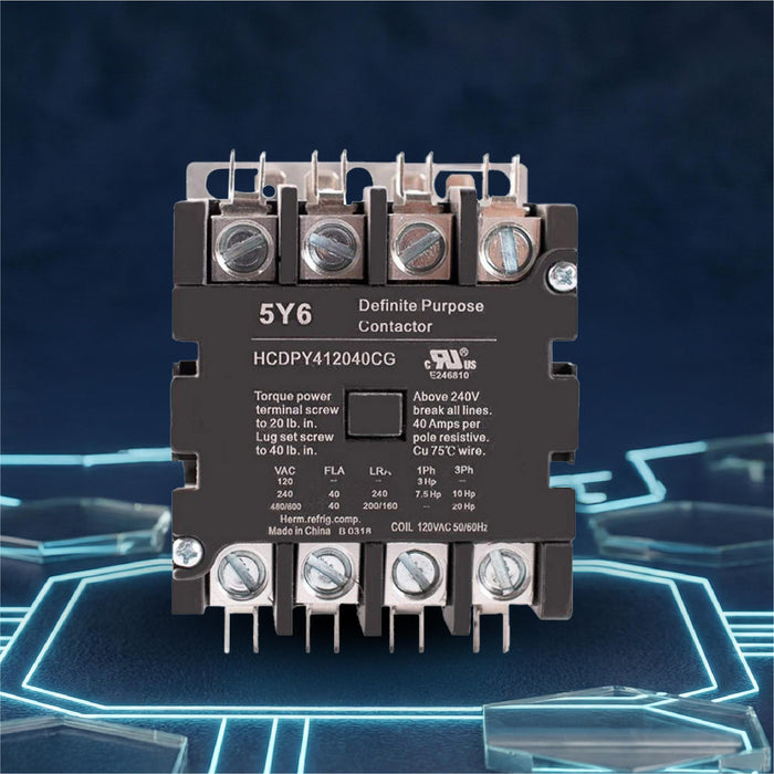 5y6 40A 4 Pole 600V Definite Purpose, NO Contactor - 110/120VAC Coil for HVAC and Lighting - UL Certified