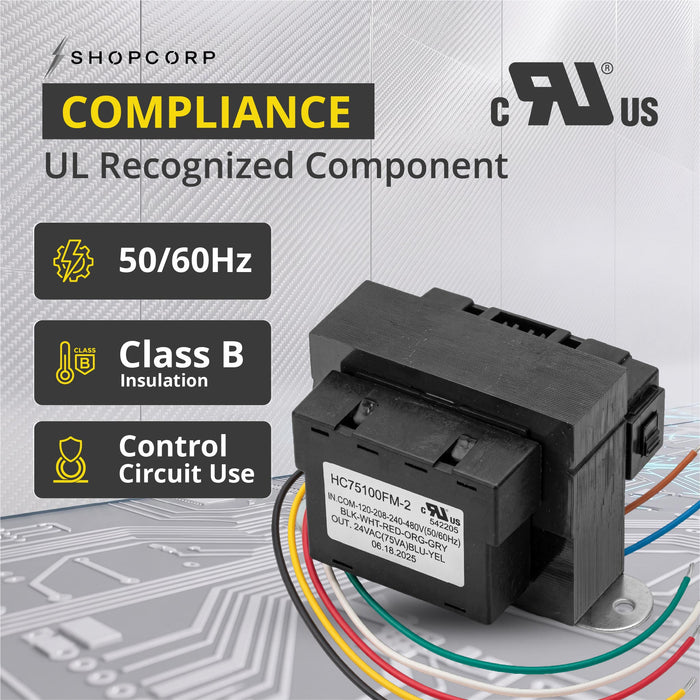 Shopcorp 75VA HVAC Transformer, 120/208/240/480VAC to 24VAC, 4A Resettable Breaker, Foot Mount