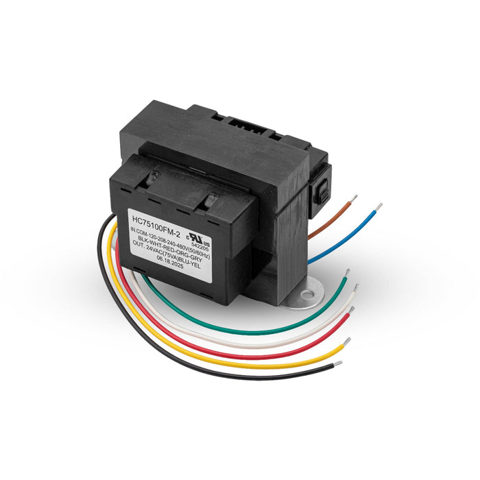 Shopcorp 75VA HVAC Transformer, 120/208/240/480VAC to 24VAC, 4A Resettable Breaker, Foot Mount