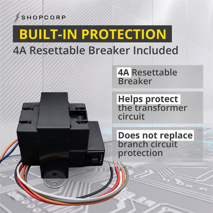 Shopcorp 75VA HVAC Transformer, 120/208/240/480VAC to 24VAC, 4A Resettable Breaker, Foot Mount