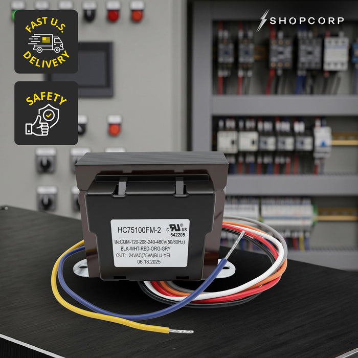 Shopcorp 75VA HVAC Transformer, 120/208/240/480VAC to 24VAC, 4A Resettable Breaker, Foot Mount