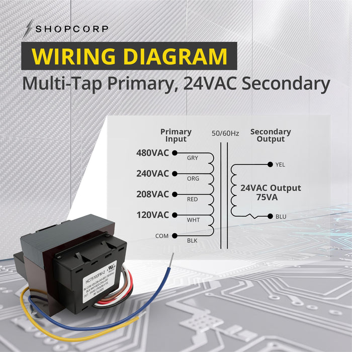 Shopcorp 75VA HVAC Transformer, 120/208/240/480VAC to 24VAC, 4A Resettable Breaker, Foot Mount