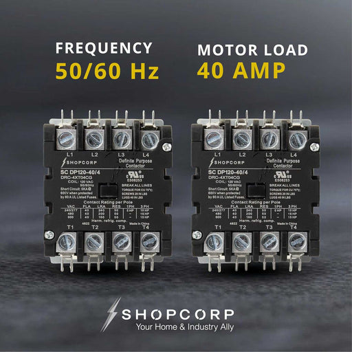 Shopcorp 40A 4 Pole 600V Definite Purpose, NO Contactor - 110/120VAC Coil for HVAC and Lighting - UL Certified - 2 pack