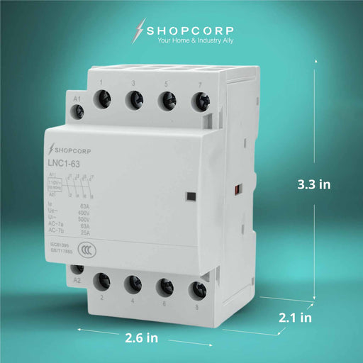 Shopcorp 50A 4 Pole NO Contactor - IEC 400V - 110/120VAC Coil - With DIN Rail and 2 Screws for HVAC, AC, Motor and Lighting