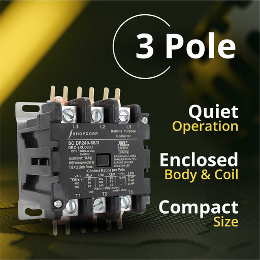 Shopcorp 60 Amp 3 Pole Definite Purpose Contactor – 75A RES, 220V/240V Coil – UL Listed for HVAC, Refrigeration, and Heat Pump Systems