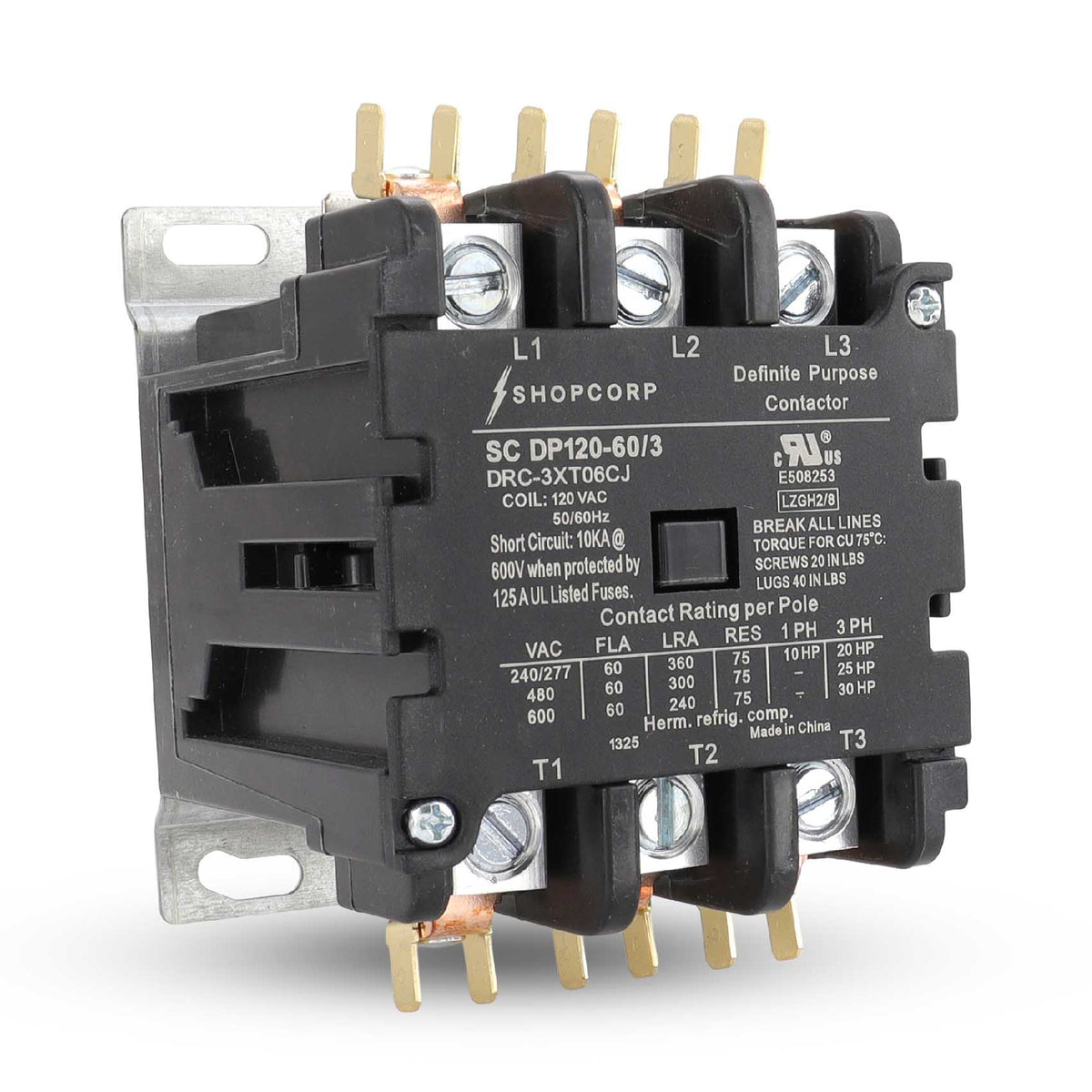 Shopcorp 60A 3 Pole Definite Purpose Contactor – 120V Coil, UL Listed ...