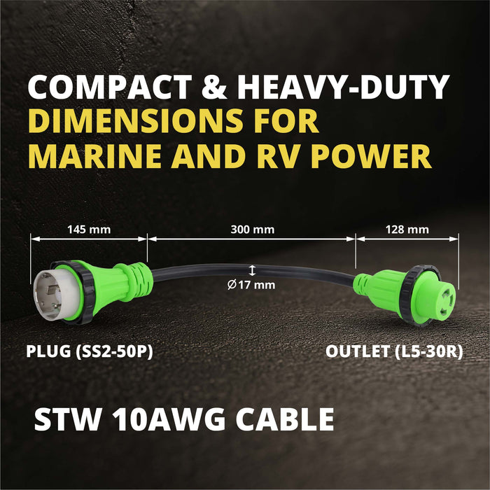 Shopcorp 50A to 30A Marine Shore Power Adapter Cord – SS2-50P to L5-30R, 1.5FT STW 10AWG, Green, UL/ETL