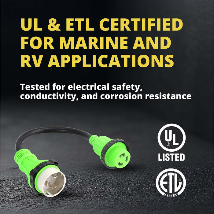 Shopcorp 50A to 30A Marine Shore Power Adapter Cord – SS2-50P to L5-30R, 1.5FT STW 10AWG, Green, UL/ETL