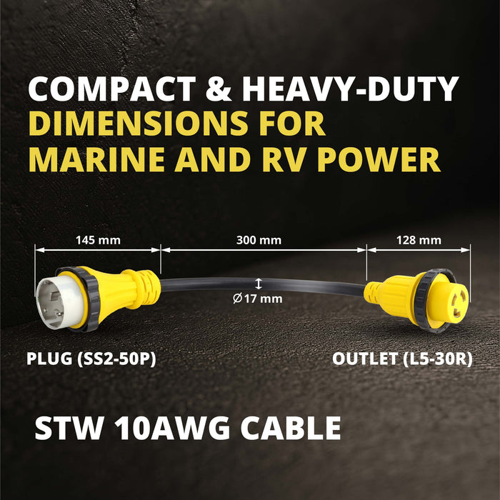 Shopcorp 50A to 30A Marine Shore Power Adapter Cord. SS2-50P to L5-30R, 1.5FT Heavy-Duty STW Cable, UL/ETL Certified