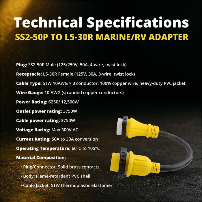 Shopcorp 50A to 30A Marine Shore Power Adapter Cord. SS2-50P to L5-30R, 1.5FT Heavy-Duty STW Cable, UL/ETL Certified