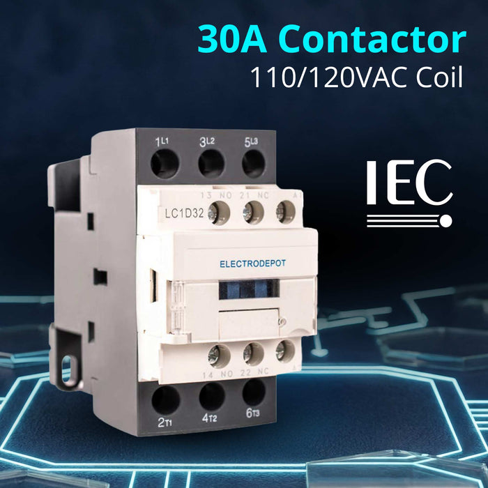 Electrodepot 30A 3 Pole IEC 660V Contactor - Normally Open and Auxiliary 1NO/1NC - 110/120VAC Coil for HVAC, AC, Motor Load and Lighting (2 pack)