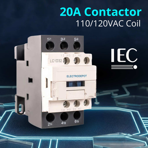 Electrodepot 20 Amp 3 Pole IEC 110 / 120VAC Normally Open (NO) Contactor