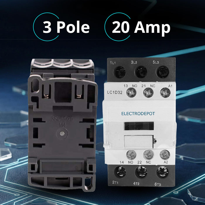 Electrodepot 20 Amp 3 Pole IEC 110 / 120VAC Normally Open (NO) Contactor