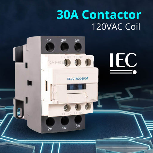 Electrodepot 30A 3 Pole IEC 660V Contactor - Normally Open and Auxiliary 1NO/1NC - 110/120VAC Coil for HVAC, AC, Motor Load and Lighting (2 pack)