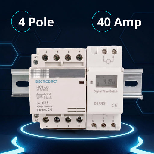 Electrodepot 40A 4 Pole NO Contactor, 110/120VAC Coil, with 24-7 Timer, DIN Rail & Screws for HVAC, Motor Load, Lighting