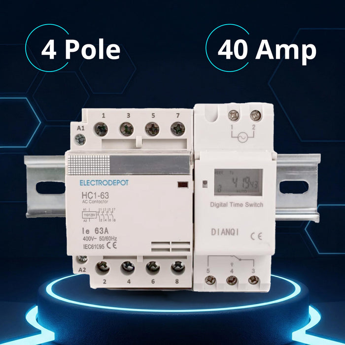 Electrodepot 40A 4 Pole NO Contactor, 110/120VAC Coil, with 24-7 Timer, DIN Rail & Screws for HVAC, Motor Load, Lighting