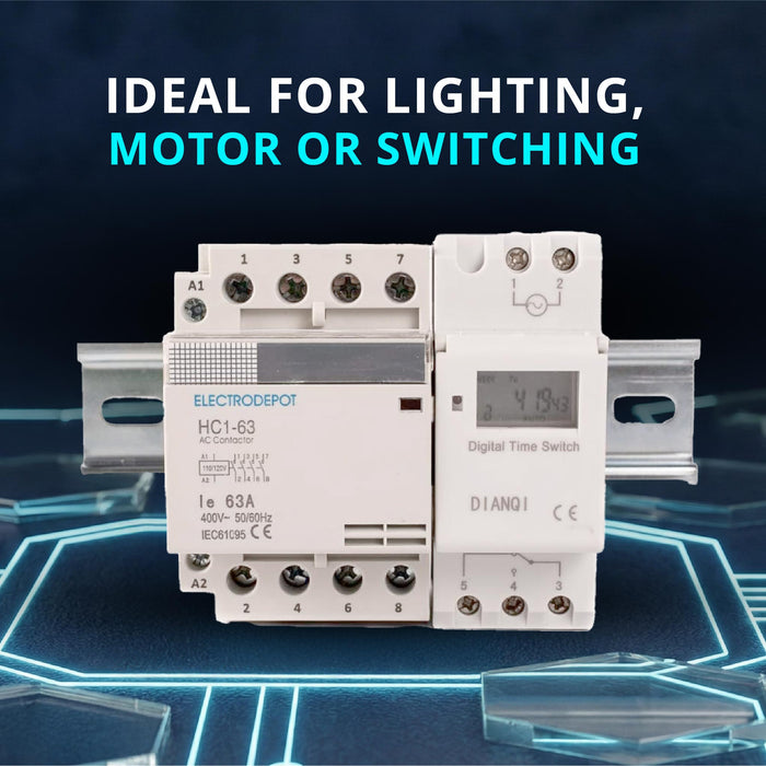 Electrodepot 40A 4 Pole NO Contactor, 110/120VAC Coil, with 24-7 Timer, DIN Rail & Screws for HVAC, Motor Load, Lighting
