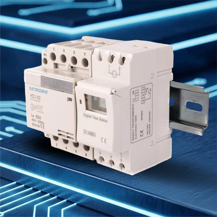 Electrodepot 40A 4 Pole NO Contactor, 110/120VAC Coil, with 24-7 Timer, DIN Rail & Screws for HVAC, Motor Load, Lighting