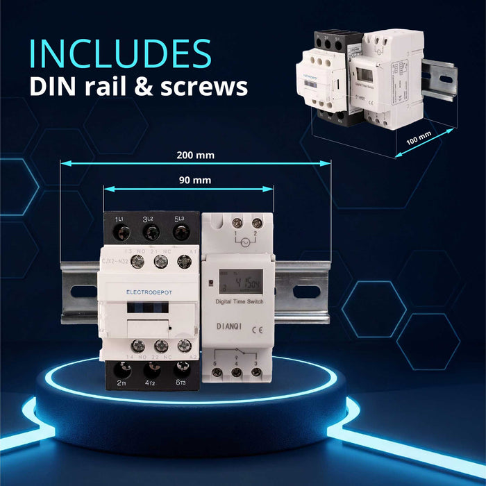 Electrodepot 30A 3 Pole NO Contactor - 110/120VAC Coil, with 24-7 Electronic Timer, DIN Rail and Screws for HVAC, AC, Motor Load and Lighting