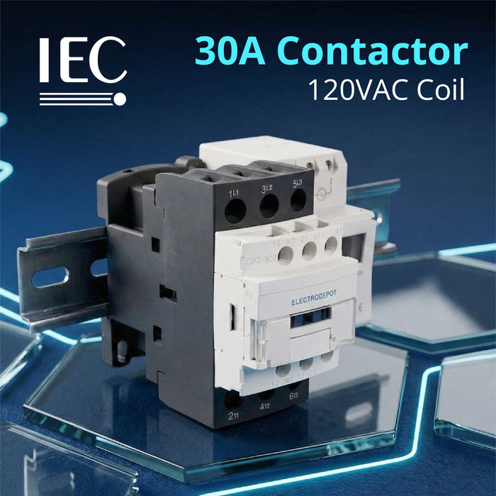 Electrodepot 30A 3 Pole NO Contactor - 110/120VAC Coil, with 24-7 Electronic Timer, DIN Rail and Screws for HVAC, AC, Motor Load and Lighting