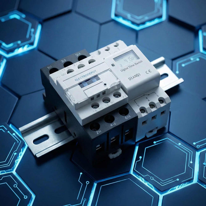 Electrodepot 30A 3 Pole NO Contactor - 110/120VAC Coil, with 24-7 Electronic Timer, DIN Rail and Screws for HVAC, AC, Motor Load and Lighting