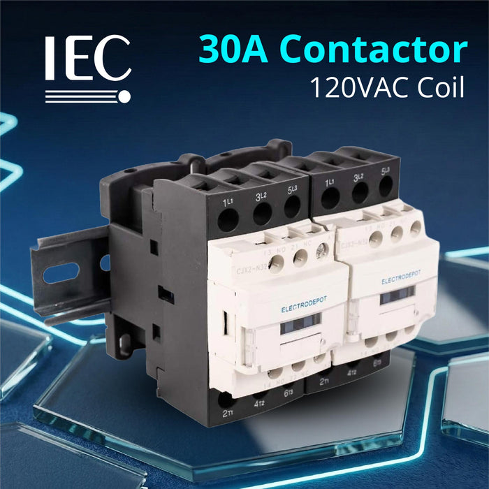 Electrodepot Contactor - 30A 6 Pole (3 Pole x 2) NO and Aux 1NO/1NC - 110/120V Coil, Includes DIN Rail and 2 Screws - for HVAC, AC, Motor Load and Lighting