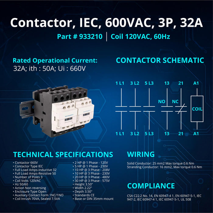 Electrodepot Contactor - 30A 6 Pole (3 Pole x 2) NO and Aux 1NO/1NC - 110/120V Coil, Includes DIN Rail and 2 Screws - for HVAC, AC, Motor Load and Lighting