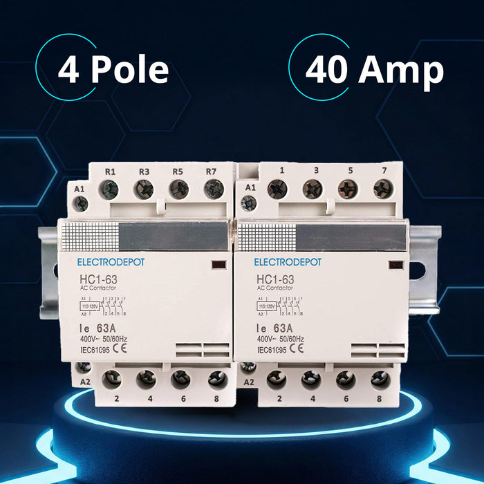 Electrodepot 40A 8 Pole (4 Pole x 2) NO Contactor - 110/120VAC Coil, with DIN Rail for HVAC, AC, Motor Load and Lighting Systems