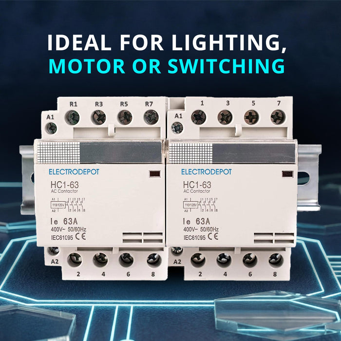 Electrodepot 40A 8 Pole (4 Pole x 2) NO Contactor - 110/120VAC Coil, with DIN Rail for HVAC, AC, Motor Load and Lighting Systems