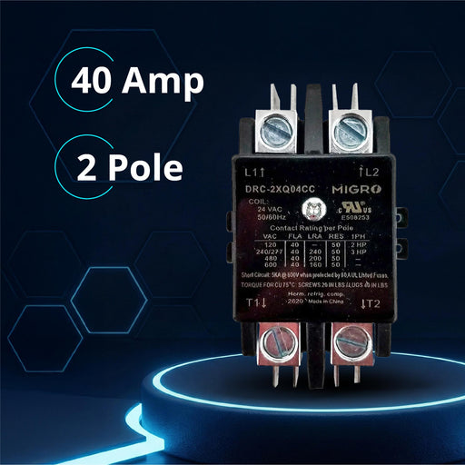 Migro 40A 2 Pole 600V - 24V, Inductive 40A / Resistive 50 A Contactor for HVAC and Lighting with NEMA standards