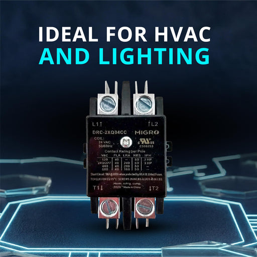 Migro 40A 2 Pole 600V - 24V, Inductive 40A / Resistive 50 A Contactor for HVAC and Lighting with NEMA standards | 2 pack