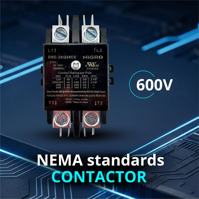 Migro 40A 2 Pole 600V - 24V, Inductive 40A / Resistive 50 A Contactor for HVAC and Lighting with NEMA standards | 2 pack
