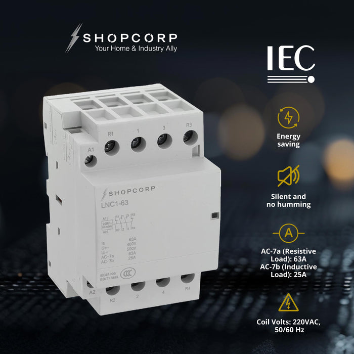 Shopcorp 63 Amp 4 Pole 2NO / 2NC 400V Contactor, 220VAC Coil for HVAC, Air Conditioner, Motor Load & Lighting System