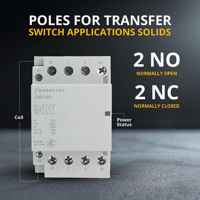 Shopcorp 63 Amp 4 Pole 2NO / 2NC 400V Contactor, 220VAC Coil for HVAC, Air Conditioner, Motor Load & Lighting System
