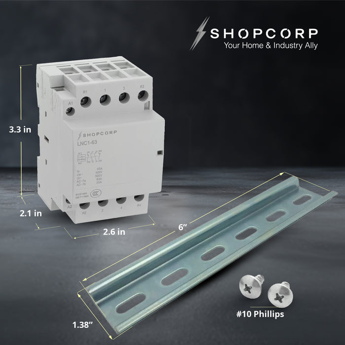 Shopcorp 40Amp 4 Pole 2NO / 2NC 400V Contactor - 110/120VAC, Includes DIN Rail for HVAC, AC, Motor Load and Lighting