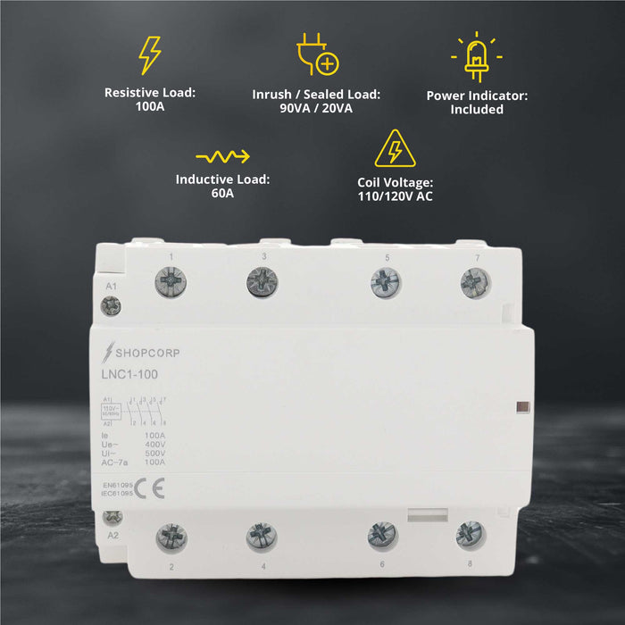Shopcorp 100 Amp Contactor 4 Pole Normally Open 110/120VAC Coil - IEC 500V - HVAC, AC, Motor Load and Lighting Systems